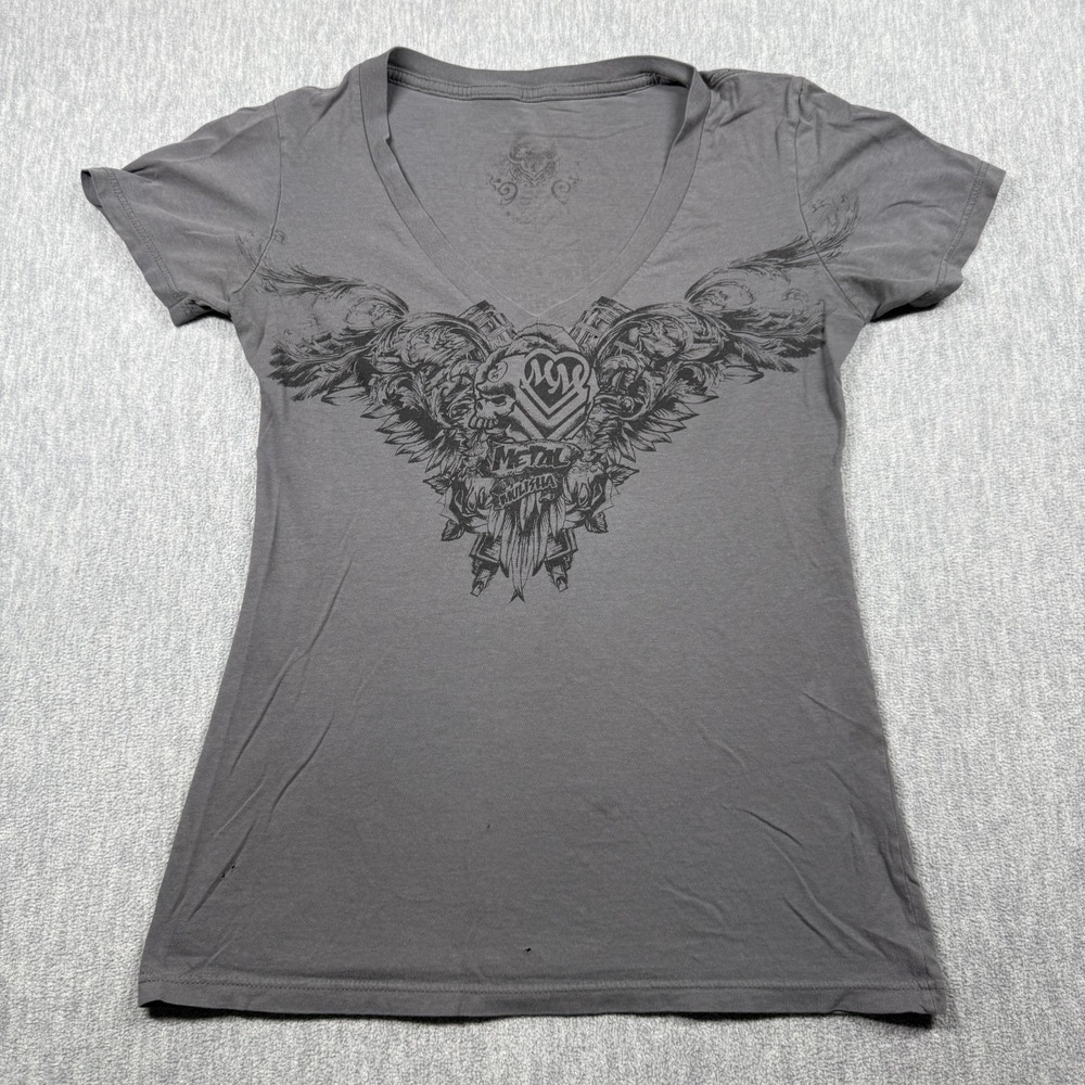Metal Mulisha Womens Gray Wings Skull Heart Graphic V-Neck Motocross T-Shirt XS